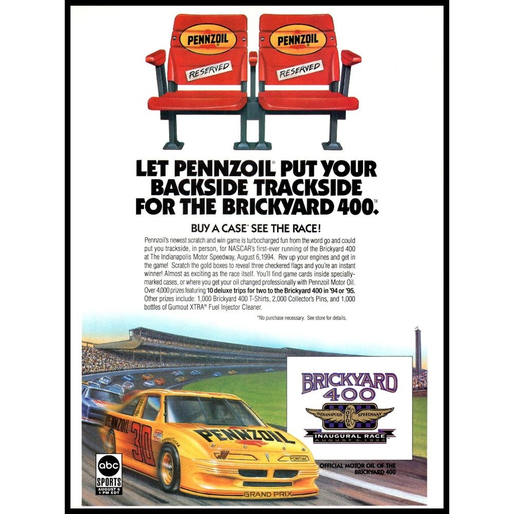 1994 Pennzoil Motor Oil Indianapolis Brickyard 400 NASCAR Vintage Print Ad Art